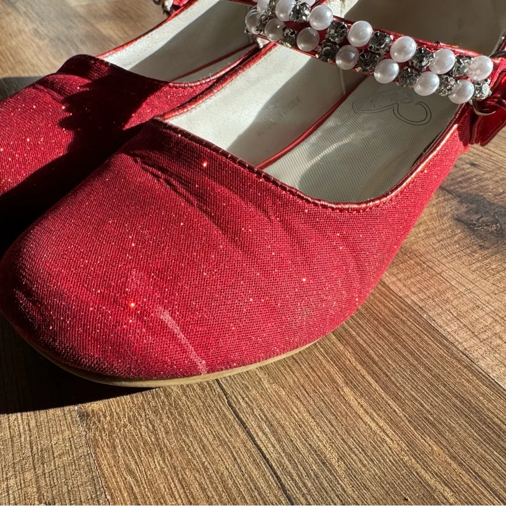 Stelle Girls Red Sparkle Princess Holiday Dorothy Ruby Slippers Pearls Size 1